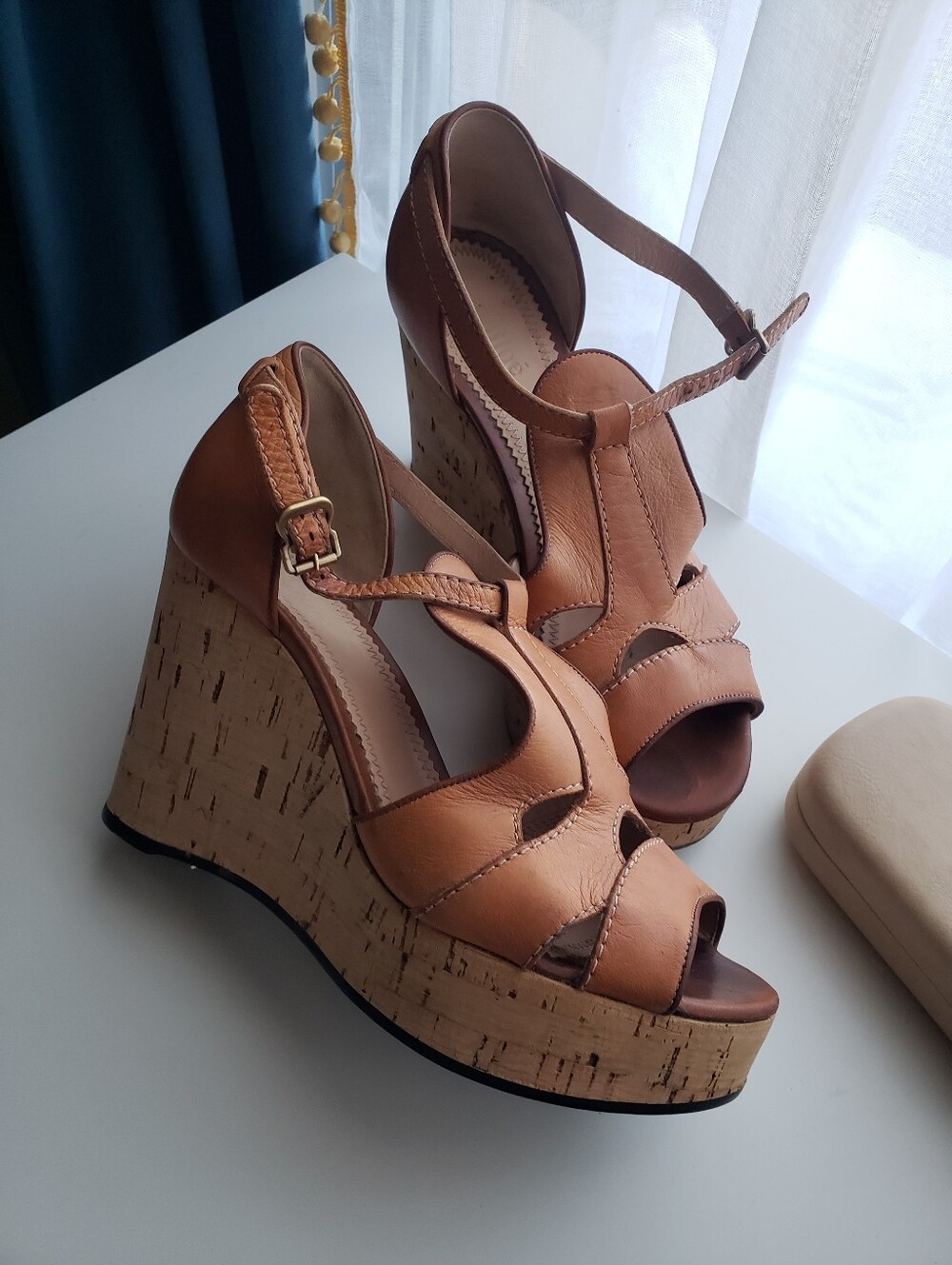 Chloe Tan Leather Cork Wedge Sandals